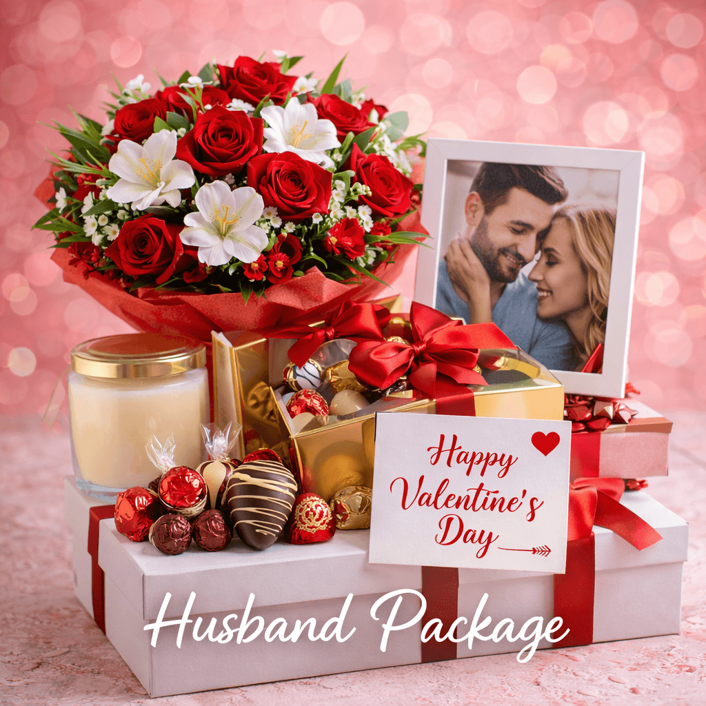 I Love You package gift box with luxe flowers, chocolates, and a note